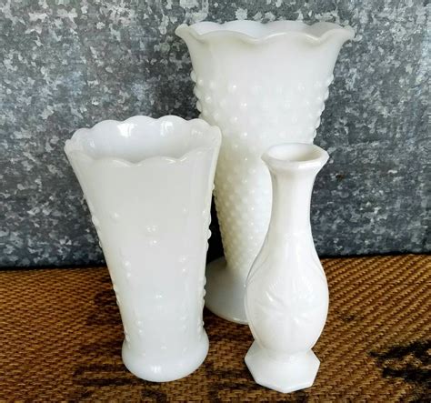 Set Of Three Milk Glass Vases Large Anchor Hocking Hobnail Medium