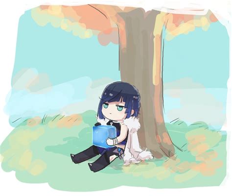 Safebooru 1girl Against Tree Chibi Coat Fur Trim Genshin Impact Grass Short Hair Sitting Solo