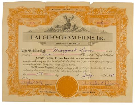 New disney shareholder certificate celebrates nine decades. Walt Disney Signed "Laugh-O-Gram" Stock Certificate.