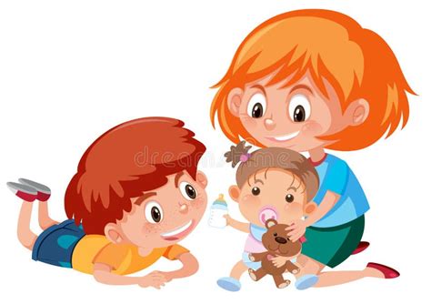 Two Big Kids Taking Care Of Baby On White Background Stock Vector