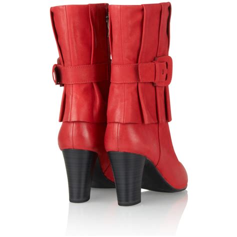 Caprice Footwear Mid Calf Leather Buckle Pleat Boot In Red