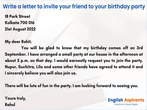 Write A Letter To Invite Your Friend To Your Birthday Party Examples