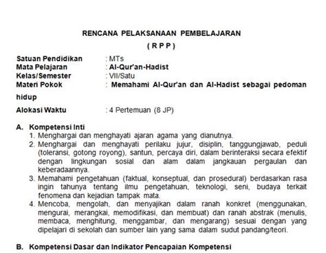 No judul thn ajar kls/smstr aksi; Rpp 1 Lembar Qur An Hadits Kelas 7 - Silabus Rpp