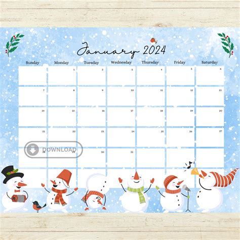 Editable And Printable January 2024 Calendar Snowman Themed January