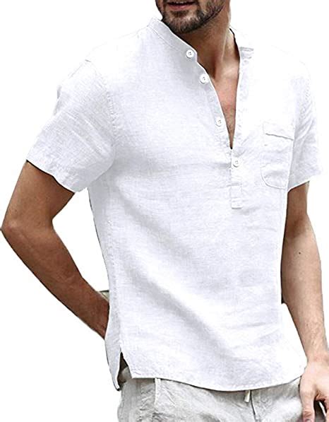 Enjoybuy Mens Linen Henley Shirts Short Sleeve Casual Summer T Shirt