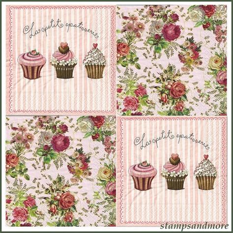 4 Shabby Chic Paper Decoupage Napkins Roses And Cupcakes