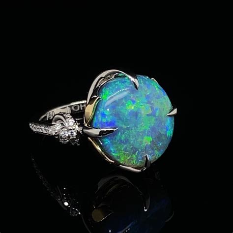 Customizable Rainbow Black Australian Opal Ring With Sapphires And 18ct