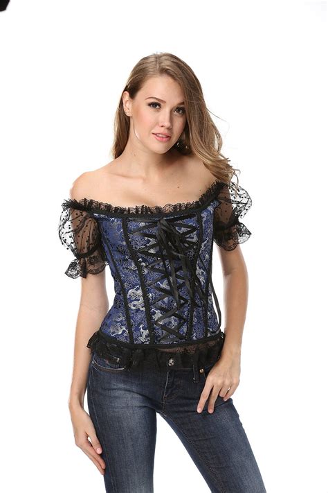 Szivyshi Sexy Overbust Lace Up Back Corset Bustier Top With Shoulder Sleeve