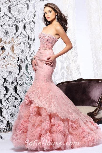 Mermaid Strapless Long Pink Organza Floral Lace Beaded Prom Dress With