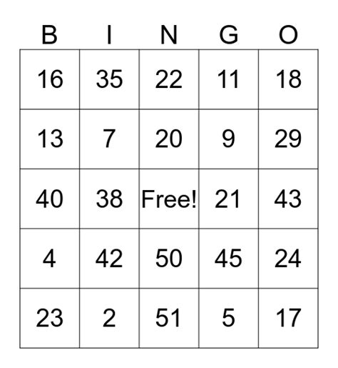 Numbers 1 60 Bingo Card