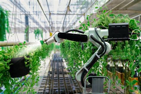 Automatic Agricultural Technology Robot Arm Watering Plants Stock Image
