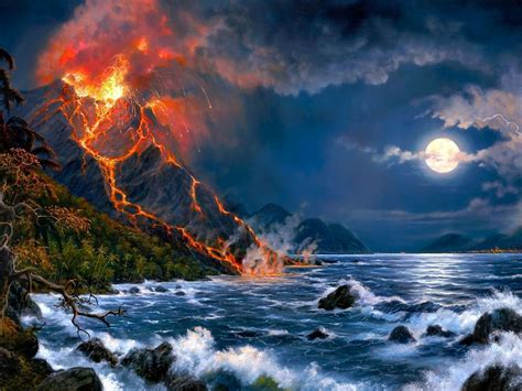 Eruption Of Volcano Sea Full Moon Fantasy Art Hd Wallpaper For Desktop