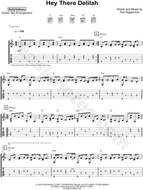 Kelly Valleau Hey There Delilah Guitar Tab In C Major Download