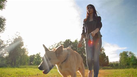 Attractive Lady In Jeans Leads Her Doggy For A Walk Shooting In Slow