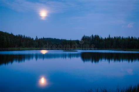 Il Paesaggio Di Notte Di Estate Con Luce Della Luna Riflette In Un Lago