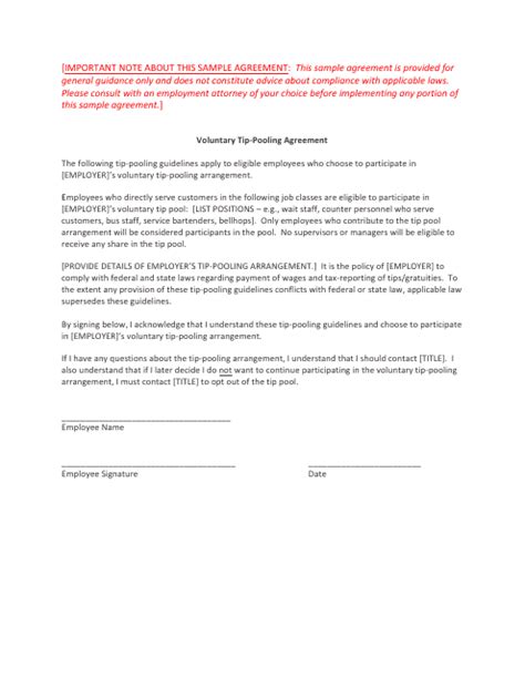 Voluntary Tip Pooling Agreement Template Fill Out Sign Online And