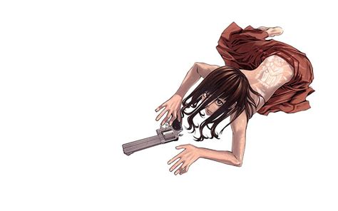 ブルネットタトゥーピストル銃白長い髪アニメの女の子小崎裕介1680x1050 Art Tattoos HD Art タトゥー ブルネット