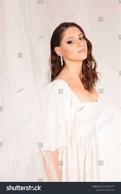 Woman White Dressbrunette Fashion Model Nude Stock Photo 2259870377