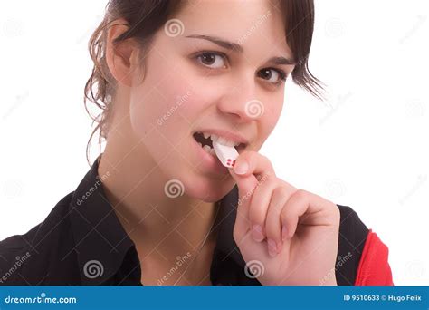 Close Shot Of Woman Eating Chewing Gum Stock Image Image Of Happy