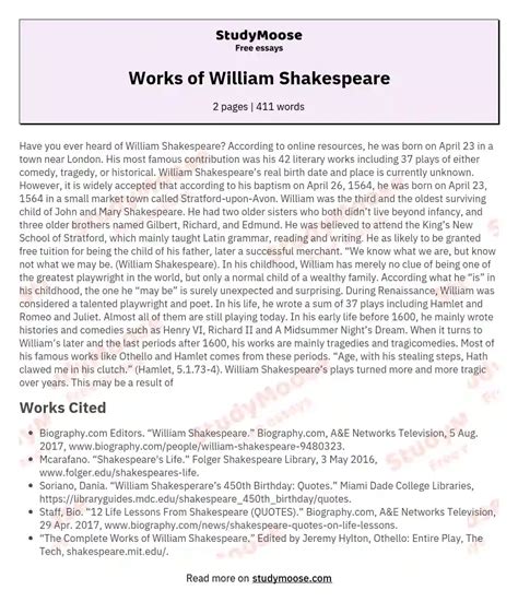 Works Of William Shakespeare Free Essay Example
