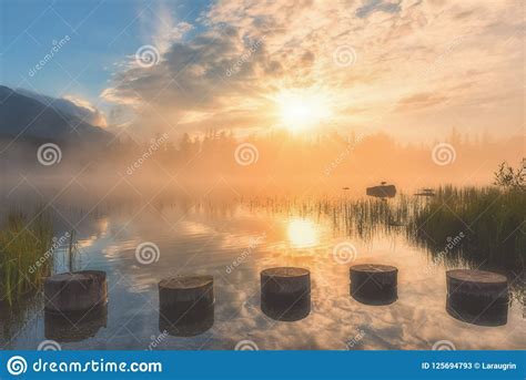 Amazing Foggy Sunrise At The Alpine Lake Strbske Pleso Sunny Landscape