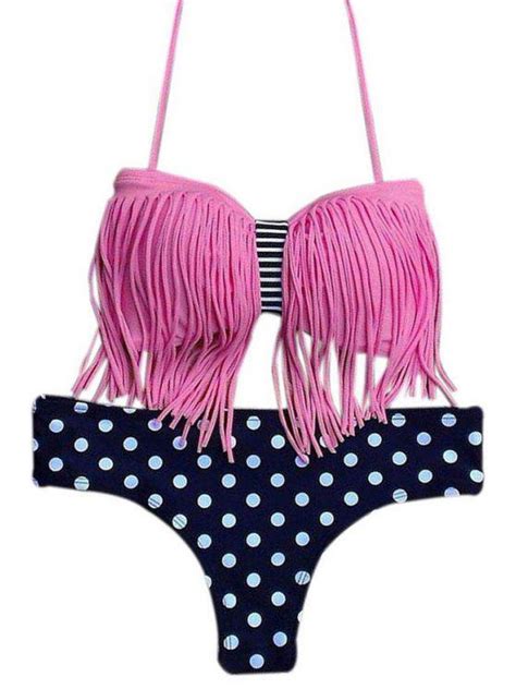 Off Polka Dot Halter Tassels Spliced Bikini Set In Pink Zaful