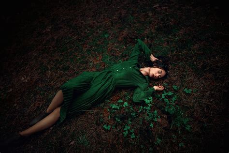 Wallpaper Model Lying On Back Green Dress On The Floor Closed Eyes Dark Forest Touching