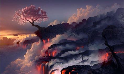 Digital Art Landscape Cherry Blossom Trees Lava