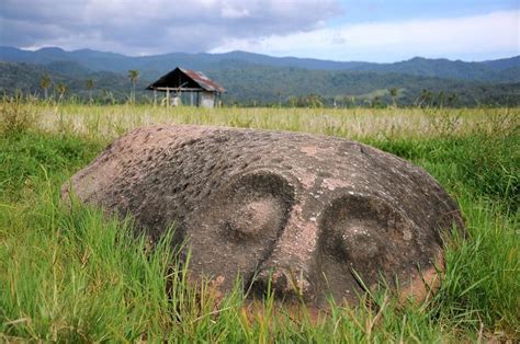 A Large Rock With Two Faces Carved Into It In The Middle Of A Grassy Field