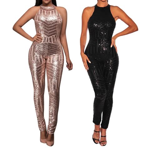 Sexy Party Night Jumpsuit Women Sleeveless Sequin Off Shoulder Shining