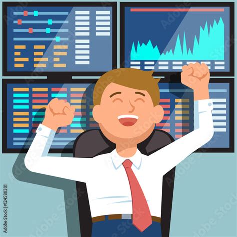 Successful Businessman Young Trader With Hands Raised On Background Of