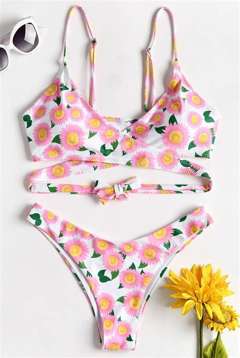 Pink Wrap Daisy Floral Bikini Swimsuit Bikinis Floral Bikini Girly