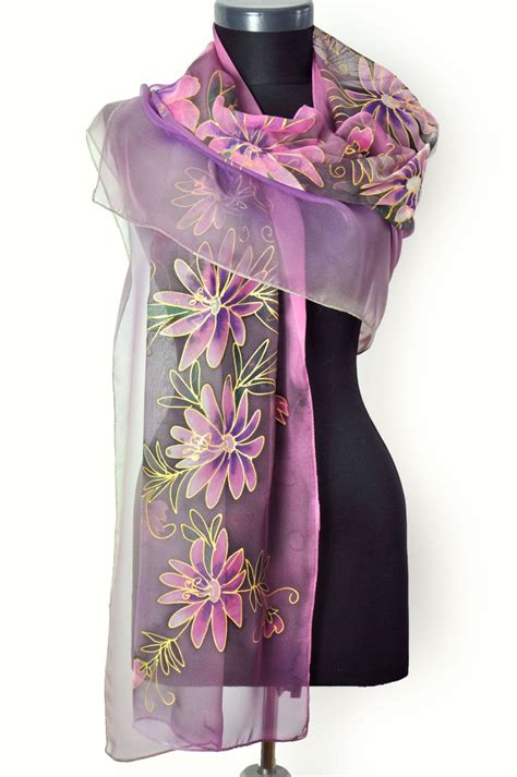 Violet Handpainted Silk Chiffon Scarfpainting By Hand Flowersorhids