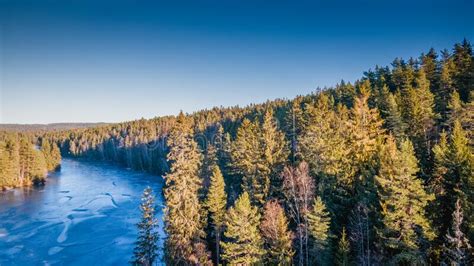 Aerial View Of A Frozen Lake In The Middle Of A Scandinavian Forest N