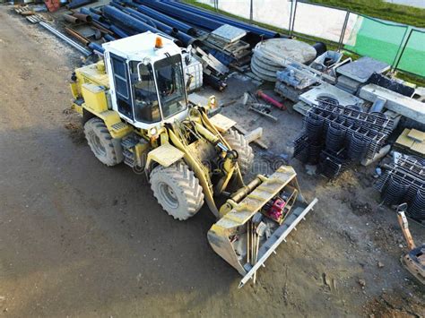 Powerful Heavy Loader Or Dozer View From Above Drone Photography