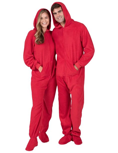 Footed Pajamas Footed Pajamas Bright Red Adult Hoodie Fleece Onesie Adult Medium Fits 5