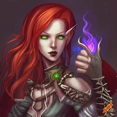 An Illustration Of Warlock Female Half Blood Elf With Red Hair And