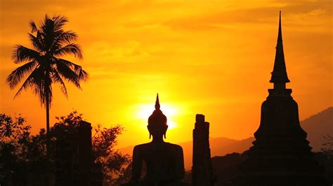 Thailand Thai Yellow Sun Coconuts Temple Sky Old Wallpapers Hd