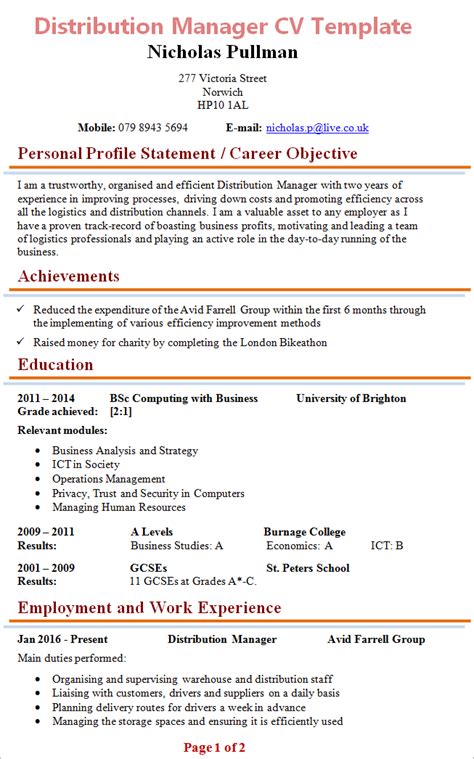 Aim for a few short sentences, four. distribution-manager-cv
