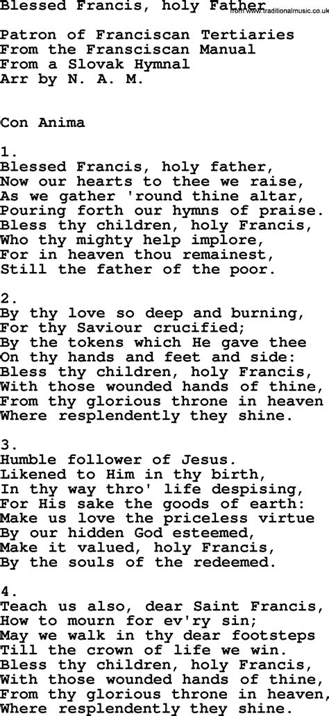 Catholic Hymns Song Blessed Francis Holy Father Lyrics And Pdf