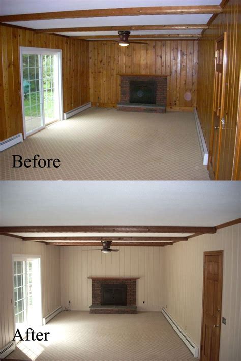 Use a brush to fill in any grooves. Before and after: Old wall paneling primed and painted ...