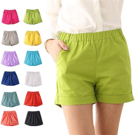 Fashion Summer Women Cotton Shorts Casual Elastic Waist Candy Solid
