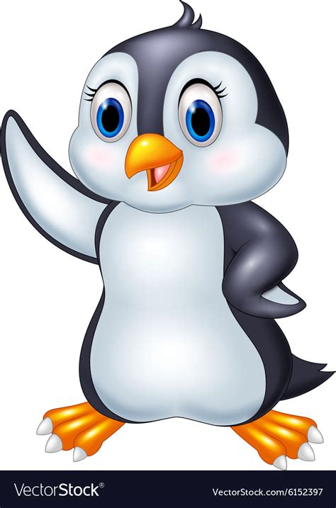 Cute Cartoon Animal Penguin Waving Isolated On Whi