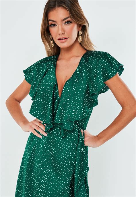 Missguided Green Polka Dot Satin Ruffle Tea Dress Tea Dress Plunge