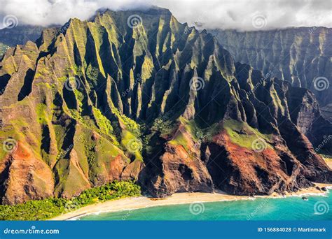 Na Pali Kauai Hawaii Coast Helicopter Aerial View Stock Photo Image