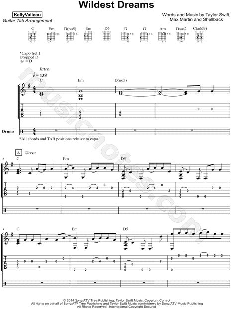 Kelly Valleau Wildest Dreams Guitar Tab In C Major Download And Print Sku Mn0178444