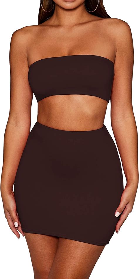 Skyvoice Womens Sexy 2 Piece Outfits Tube Crop Top Skirt Set Bodycon