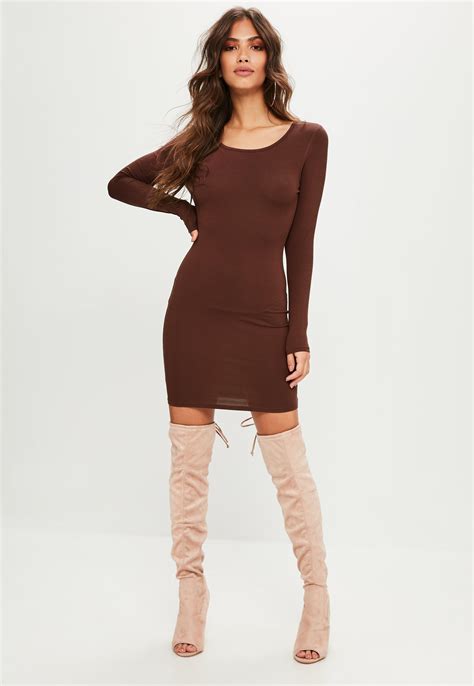 Lyst Missguided Brown Long Sleeve Plain Bodycon Mini Dress In Brown