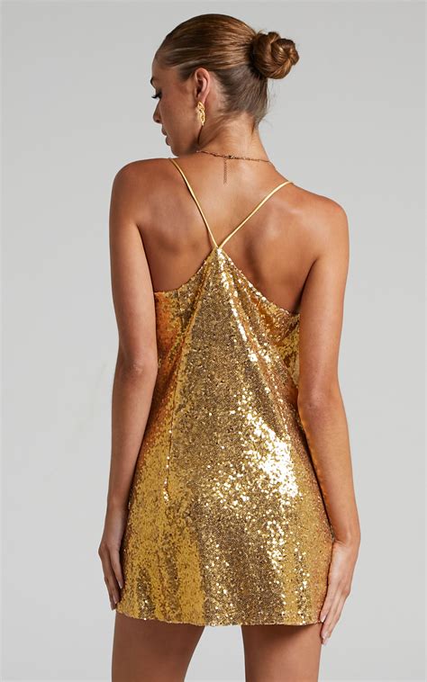 Delilaah Strappy V Neck Slip Sequin Mini Dress In Gold Sequins Showpo Usa
