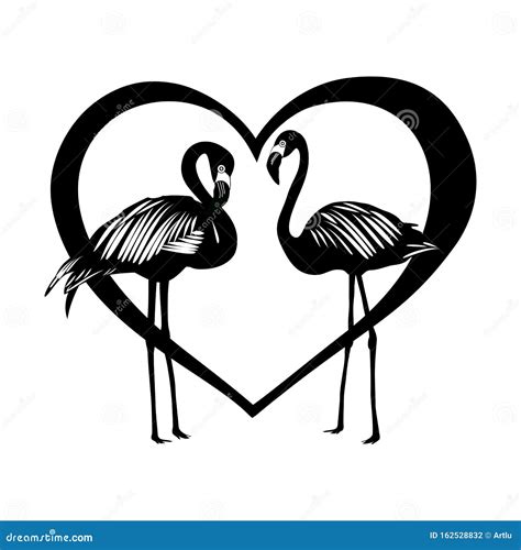 Flamingo Silhouette On A Heart Isolated On White Background Stock